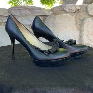 Mea Shadow black leather platform heels with ruffles, 8.5